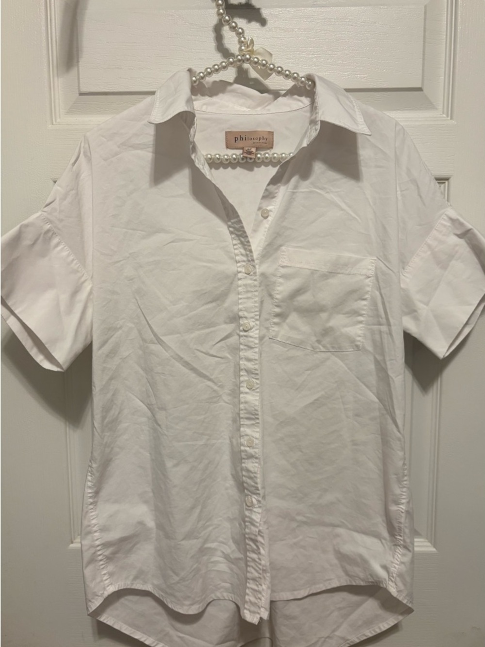 Philosophy White Button-Up Shirt with Pearl Accent